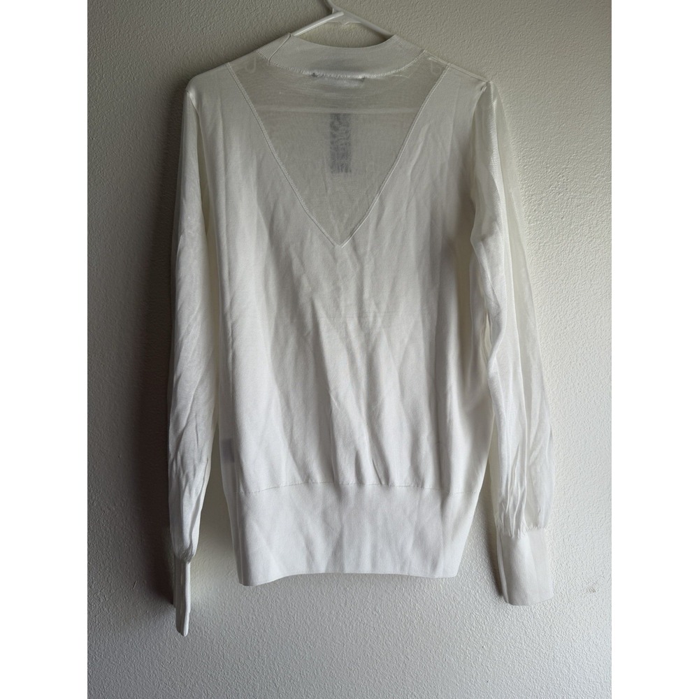 NWT White House Black Market Sz Large Sheer V Neck Long Women White Blouse - Picture 7 of 8